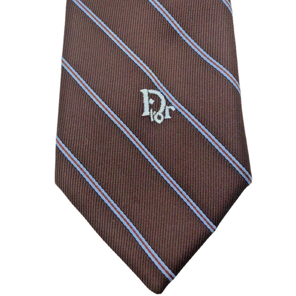 Vtg 1960s Christian Dior Necktie Tie Spell Out Mens Brown Blue Stripe Silk Blend - Picture 1 of 6